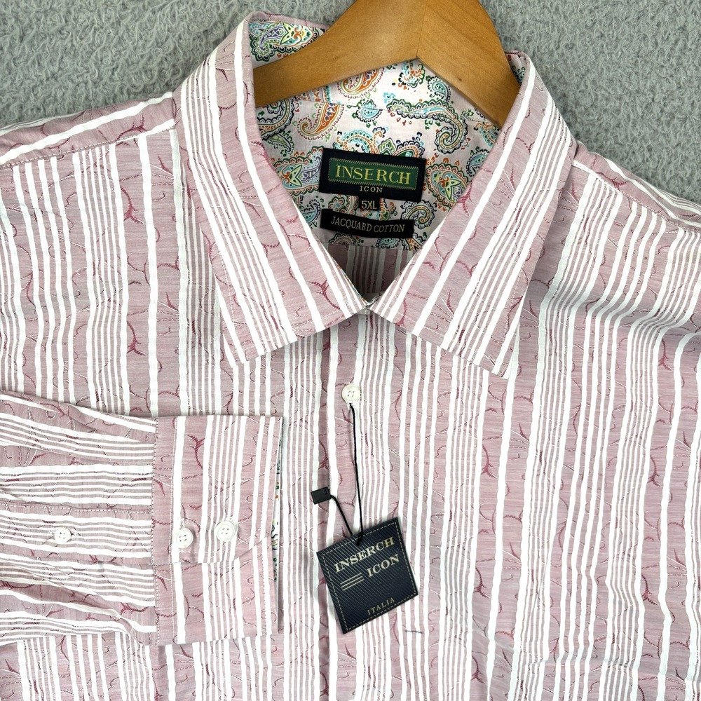 NEW Inserch Button Shirt Mens 5XL Pink White Stripe Jacquard‎ 100% Cotton Casual